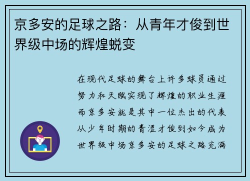 京多安的足球之路：从青年才俊到世界级中场的辉煌蜕变