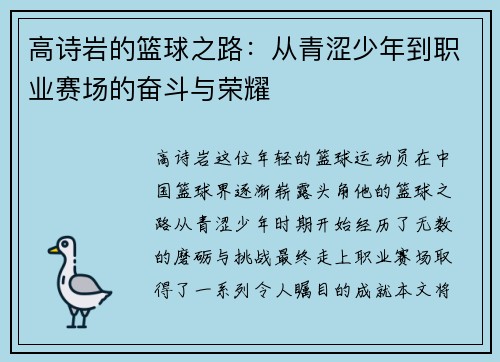 高诗岩的篮球之路：从青涩少年到职业赛场的奋斗与荣耀