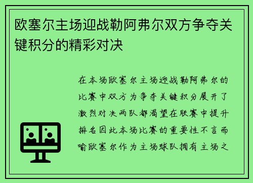 欧塞尔主场迎战勒阿弗尔双方争夺关键积分的精彩对决