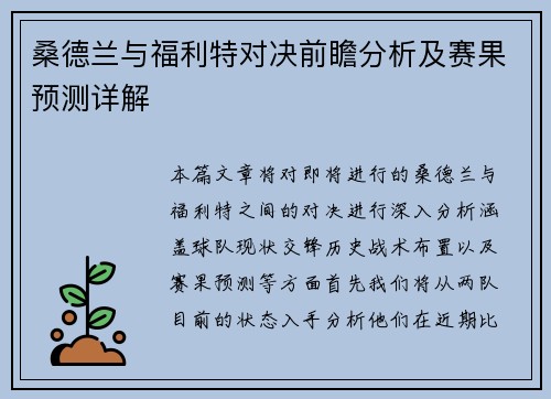 桑德兰与福利特对决前瞻分析及赛果预测详解