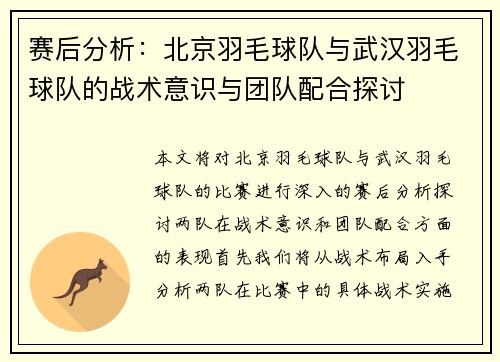 赛后分析：北京羽毛球队与武汉羽毛球队的战术意识与团队配合探讨