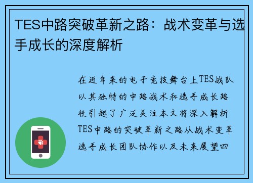 TES中路突破革新之路：战术变革与选手成长的深度解析