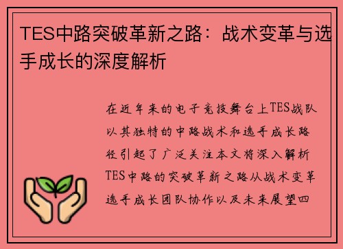 TES中路突破革新之路：战术变革与选手成长的深度解析