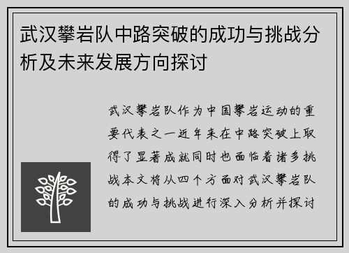 武汉攀岩队中路突破的成功与挑战分析及未来发展方向探讨